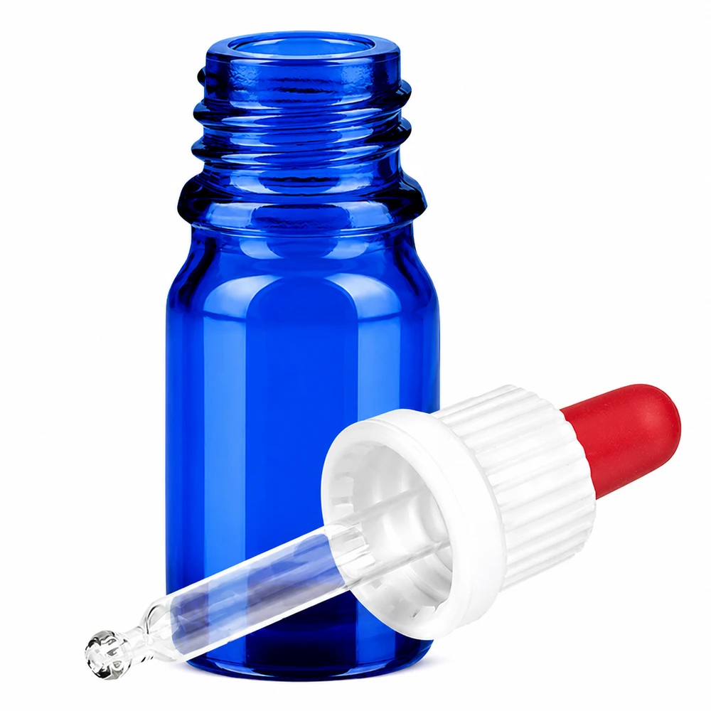 Butelka do leków płynnych 5 ml pipetowa biała/czerwona OV BlueLine UT18/5 Mała niebieska szklana buteleczka 5ml z pipetą do olejków eterycznych i kosmetyków BlueLine UT18/5