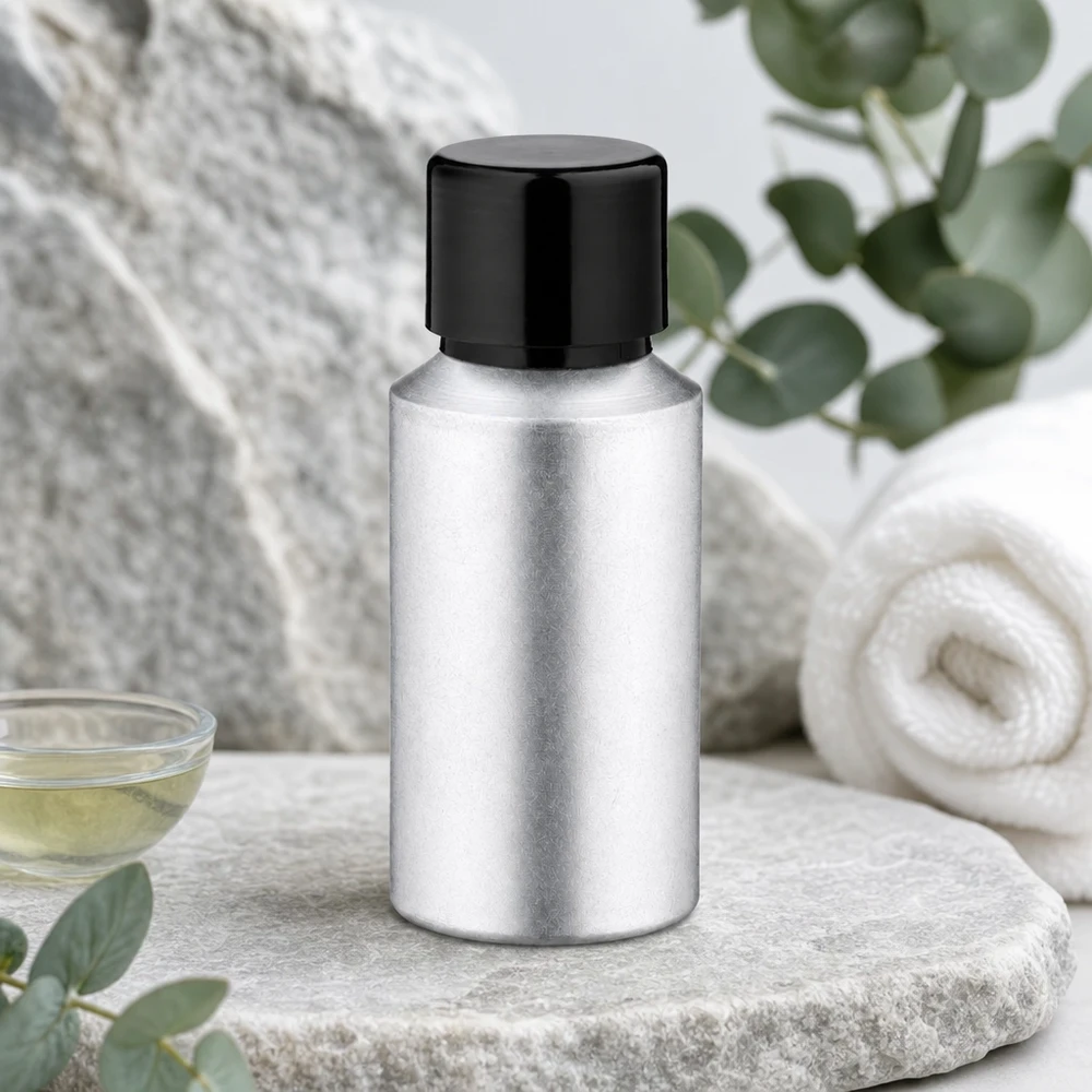 Butelka z barwionego aluminium o pojemności 30 ml z zakrętką Wysokiej jakości aluminiowa butelka o pojemności 30 ml z bejcowaną powierzchnią i szczelną czarną zakrętką