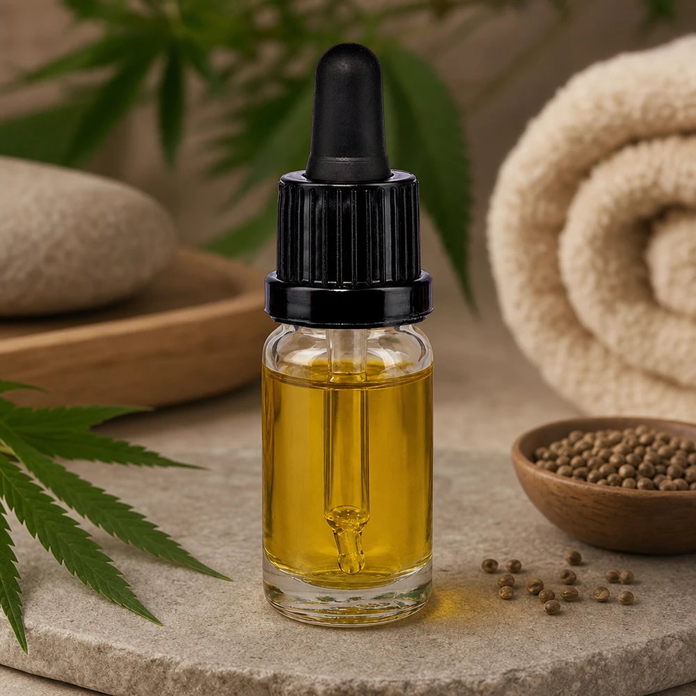 Butelka do leków płynnych 10 ml czarna OV ClearLine UT18/10 Przezroczysta szklana buteleczka o pojemności 10 ml z czarnym zakraplaczem i liściem konopi, przeznaczona do oleju CBD