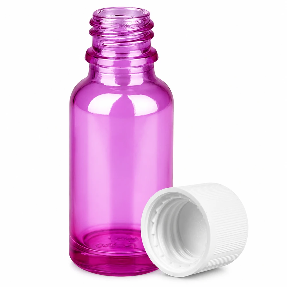 Fioletowa szklana butelka z zakraplaczem 20 ml z gwintem do olejków eterycznych i serum