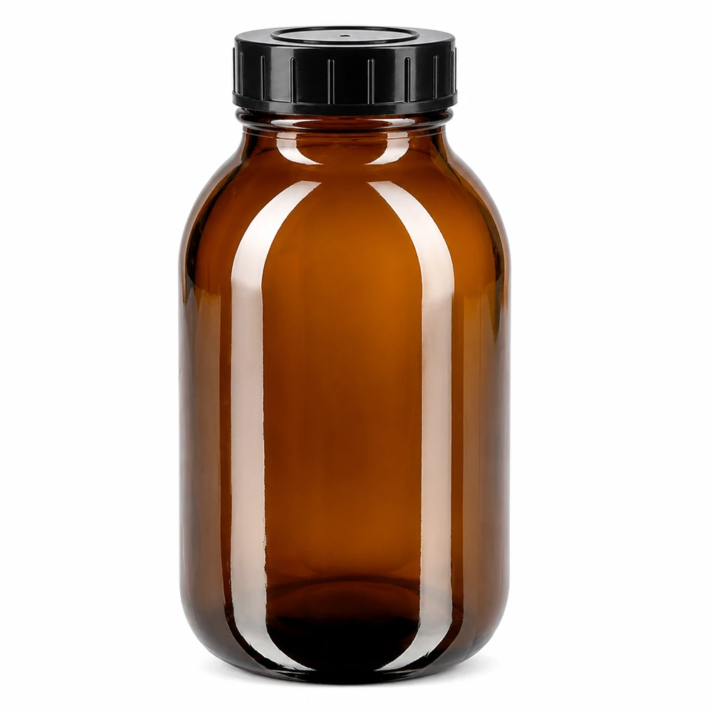 Butelka z szeroką szyjką o pojemności 500 ml z bursztynowego szkła z zakrętką Butelka z szeroką szyjką o pojemności 500 ml wykonana z bursztynowego szkła z czarną zakrętką dla optymalnego przechowywania.