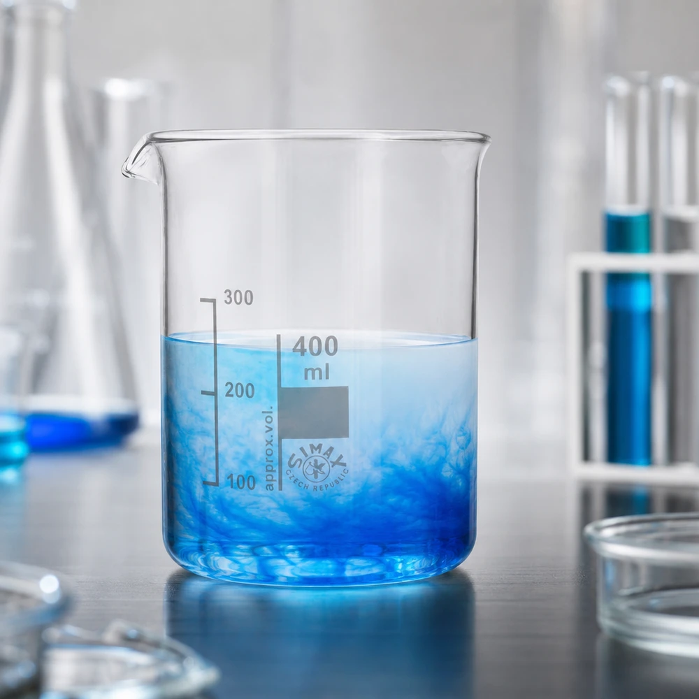 Przezroczysta zlewka o pojemności 400 ml z niebieskim płynem i wyraźnie widoczną podziałką mililitrową