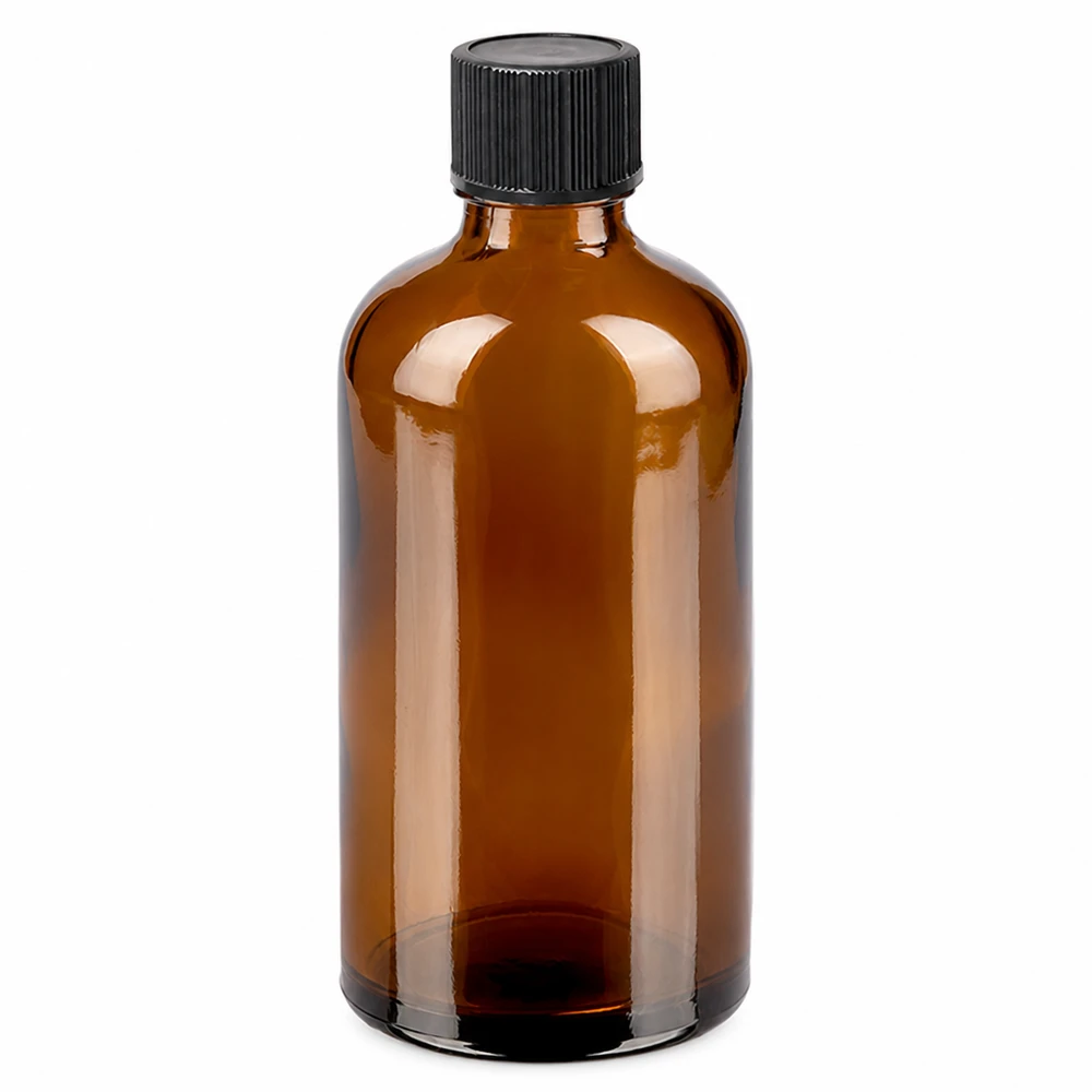 100 ml butelka z zakraplaczem 1 mm czarna STD BrownLine UT18/100 Butelka z bursztynowego szkła o pojemności 100 ml z czarnym zakraplaczem do olejków eterycznych i nalewek