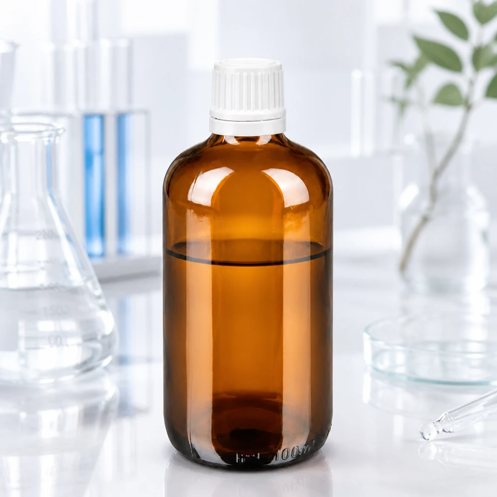 Butelka apteczna o pojemności 100 ml, wykonana z brązowego szkła, z białym zamknięciem typu OV i zakraplaczem o średnicy 0,7 mm, w laboratorium
