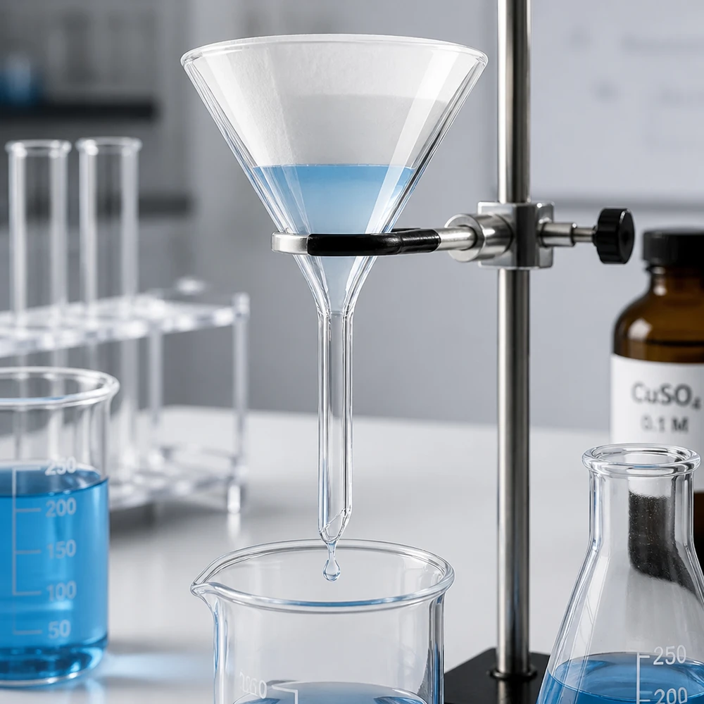 Lejek Ø 55 mm do wapna sodowanego, kąt 60°, krótki Lejek laboratoryjny ze szkła sodowo-wapniowego do precyzyjnego przenoszenia cieczy z otworem 55 mm i krótkim uchwytem