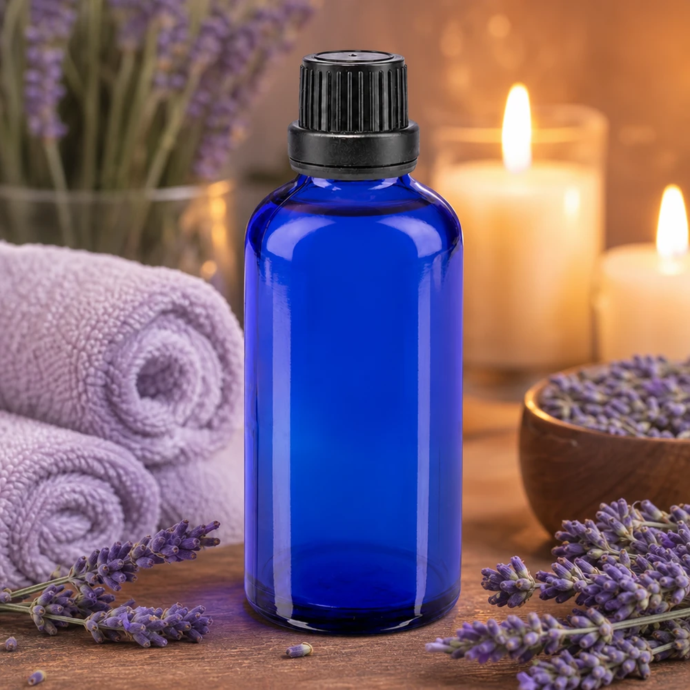 Niebieska szklana buteleczka o pojemności 50 ml z lawendą i świecami w relaksującej atmosferze spa