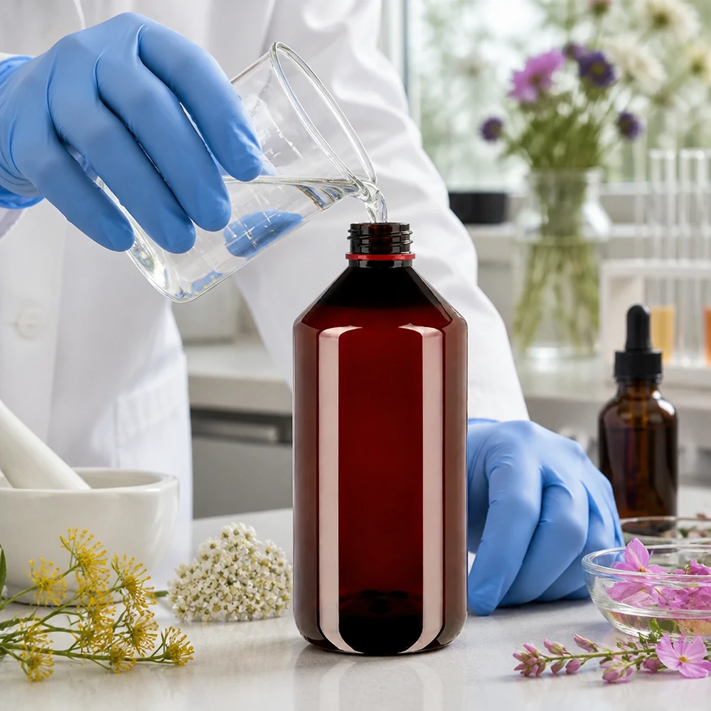Butelka PET 750 ml z białą/czerwoną nakrętką OV Brązowa butelka PET o pojemności 750 ml z biało-czerwonym zamknięciem OV jest napełniana w laboratorium