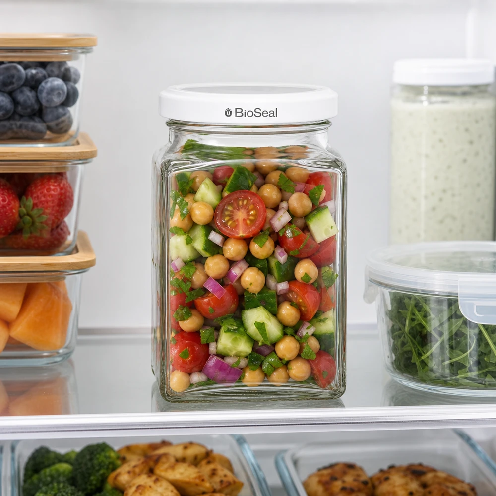 UNiTWIST Tetra260 z białą pokrywką TO58 BioSeal UNiTWIST Tetra260 Vorratsglas im Kühlschrank mit Kichererbsensalat weißer TO58 BioSeal Deckel frische Aufbewahrung