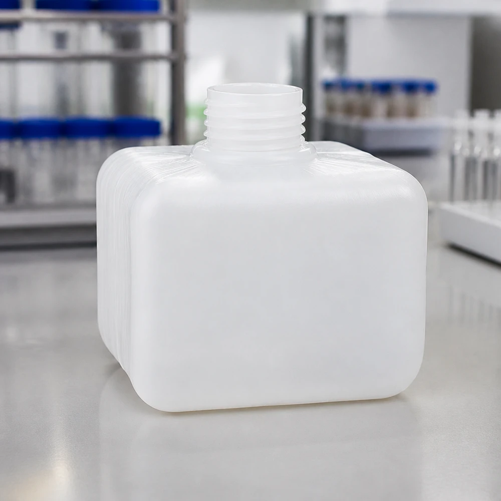 Biała butelka z PE-HD o wąskiej szyjce, pojemność 250 ml, z gwintem GL28, na laboratoryjnym stole roboczym ze stali nierdzewnej
