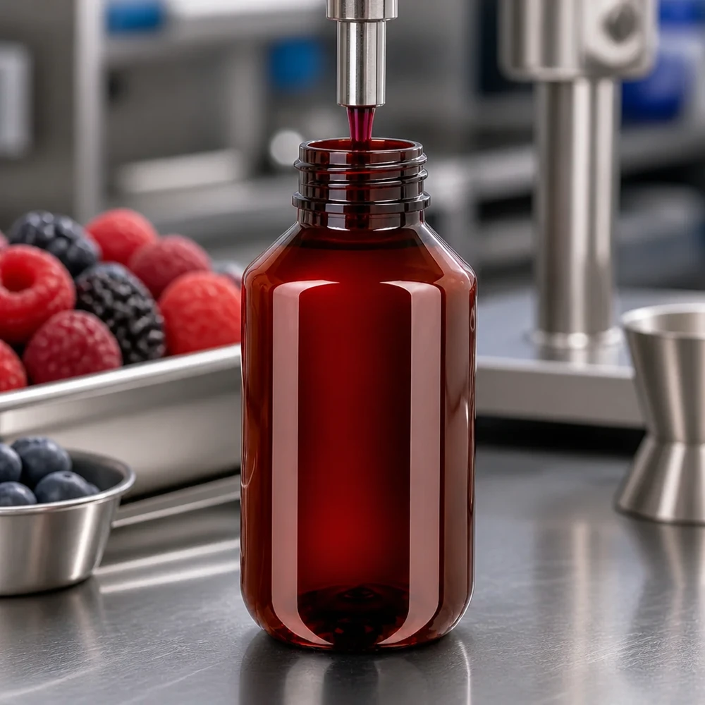 Butelka PET 100ml z zieloną nakrętką OV Brązowa butelka PET o pojemności 100 ml jest napełniana maszynowo czerwonym sokiem jagodowym