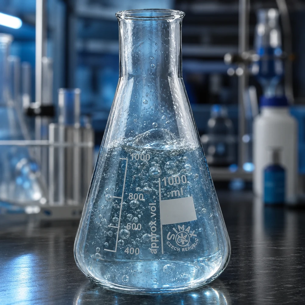 Kolba Erlenmeyera z szeroką szyjką 100 ml Kolba Erlenmeyera z szeroką szyjką o pojemności 100 ml i skalą mililitrową do dokładnego określania objętości