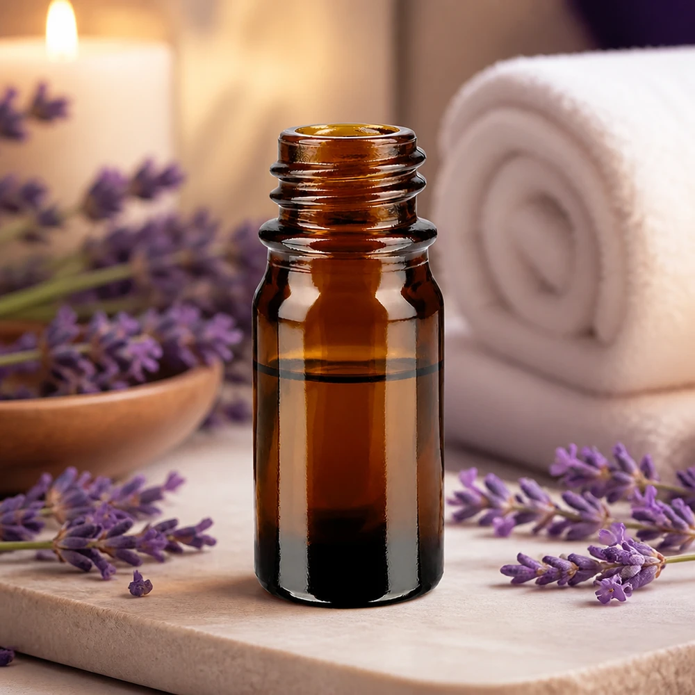 5 ml brązowa butelka aptekarska ApoGlas z lawendą i akcesoriami spa do aromaterapii i olejków eterycznych