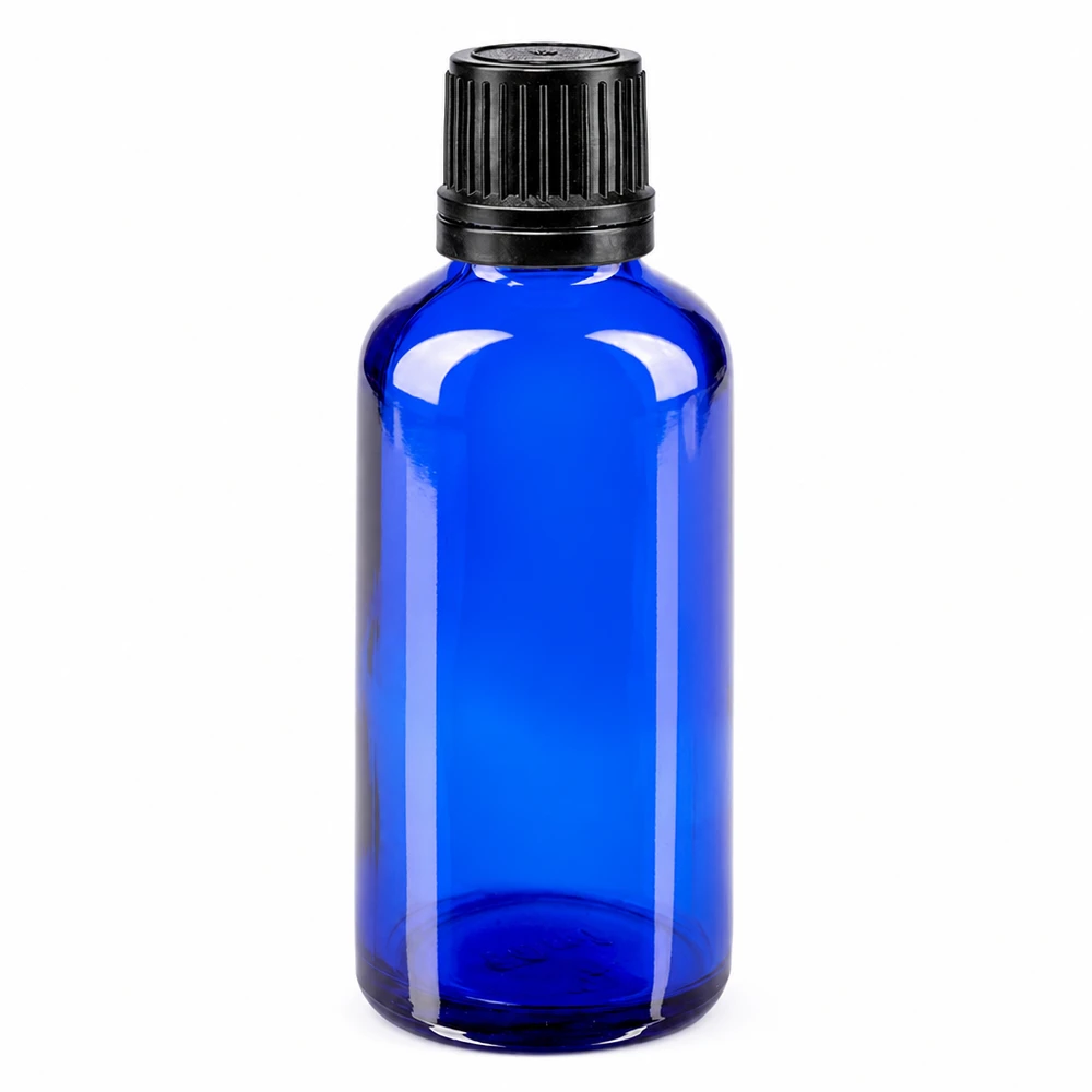 Butelka apteczna niebieska 50ml zakrętka czarny nalewak r. OV 50 ml niebieska szklana buteleczka apteczna z czarnym oryginalnym zamknięciem 8 mm, przeznaczona dla branży farmaceutycznej i kosmetycznej