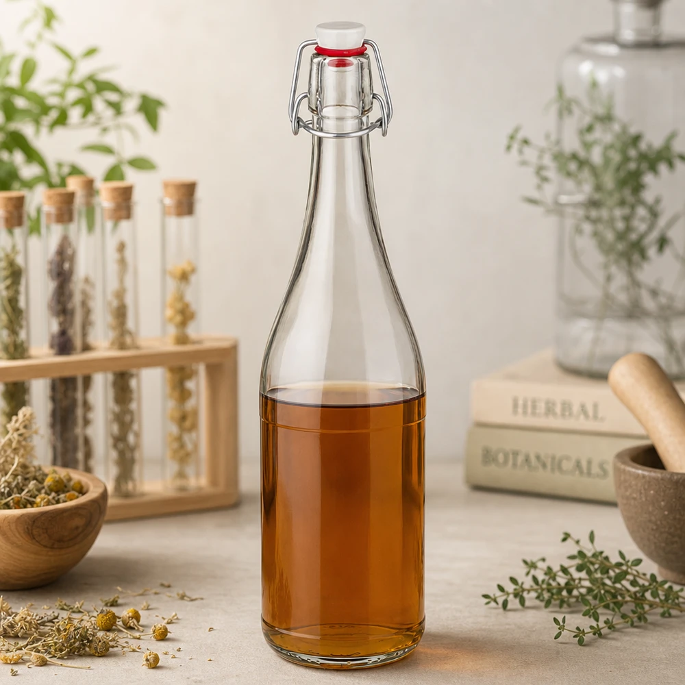 750 ml szklana butelka typu swing top wypełniona herbatą ziołową zioła lecznicze zioła botaniczne martwa natura naturalne składniki