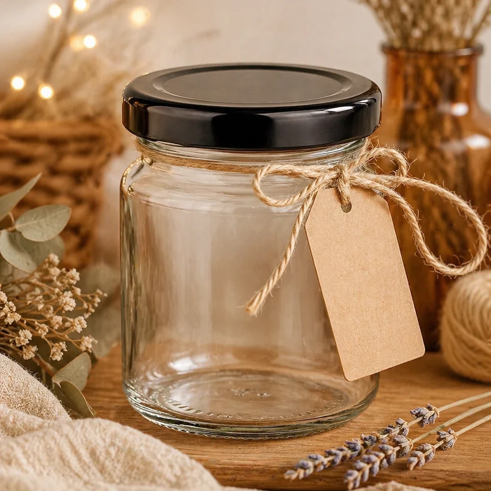 Szklanka okrągła 53 ml z pokrywką BasicSeal czarna UN.. 53ml Rundglas mit schwarzem Deckel leeres Einmachglas mit Kraftpapier-Etikett rustikale Geschenkverpackung Dekoration