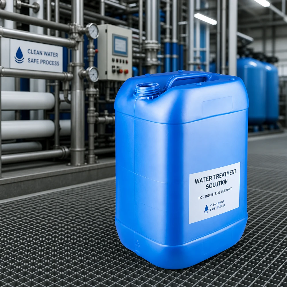 Niebieski kanister o pojemności 25 litrów bez zamknięcia w instalacji do uzdatniania wody przeznaczonej do chemikaliów przemysłowych