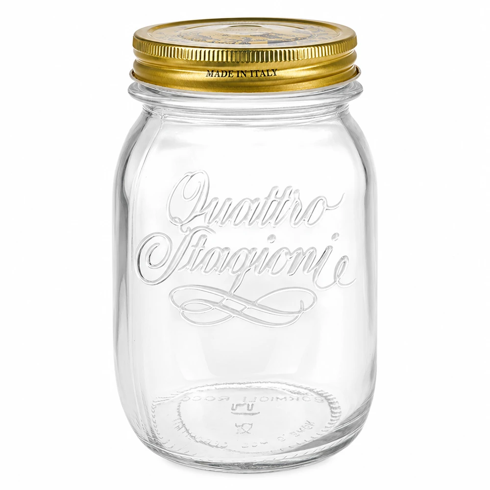Słoik okrągły 500 ml „Quattro Stagioni” z pokrywką 500ml okrągły słoik Quattro Stagioni ze złotą zakrętką Made in Italy Słoik na przetwory Słoik do przechowywania przezroczysty
