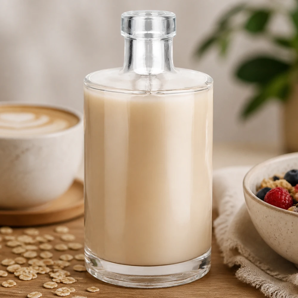 Szklana butelka 350 ml Marie bez zamknięcia UNiTWIST® 350 ml szklana butelka Marie wypełniona kremowym mlekiem owsianym obok filiżanki kawy i miski na płatki śniadaniowe Lifestyle Image 3 of 10