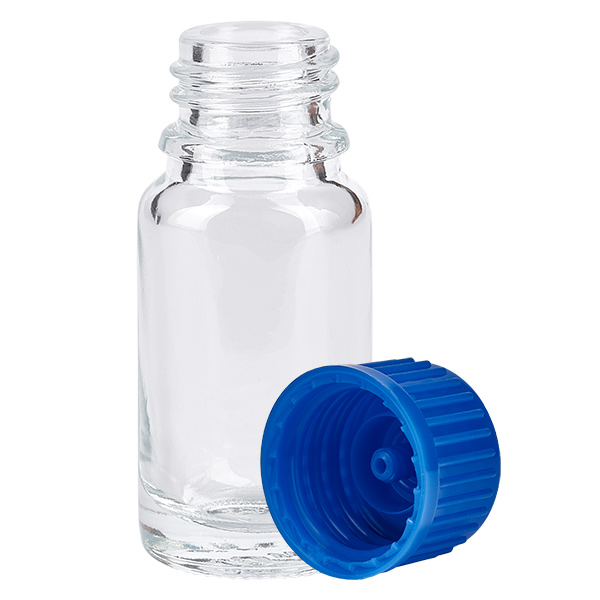Butelka 10 ml 11 mm SV niebieski STD ClearLine UT18/10 Szklana buteleczka ClearLine o pojemności 10 ml, model UT18/10, z niebieską zakraplaczem, gwint 11 mm, otwarta