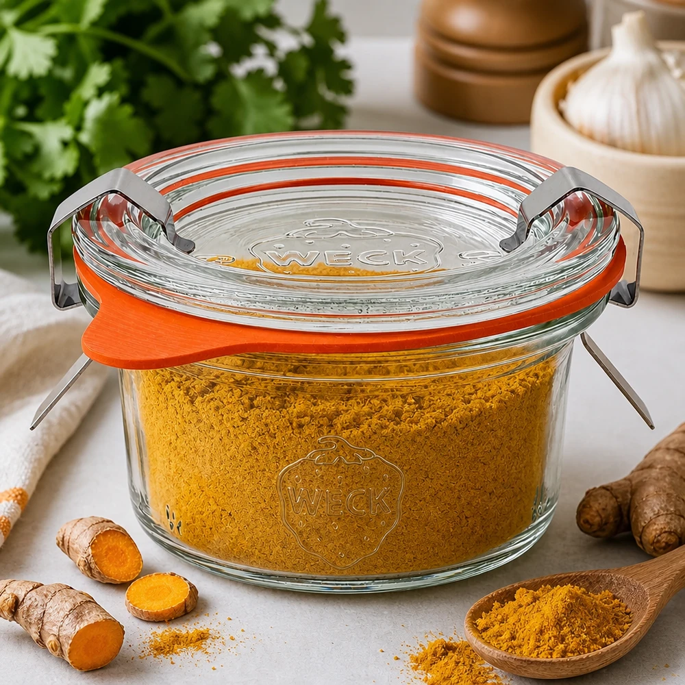 Kubki WECK 50ml RR60 wypełnione sproszkowaną kurkumą w otoczeniu świeżych korzeni kurkumy i przypraw na kuchennym stole