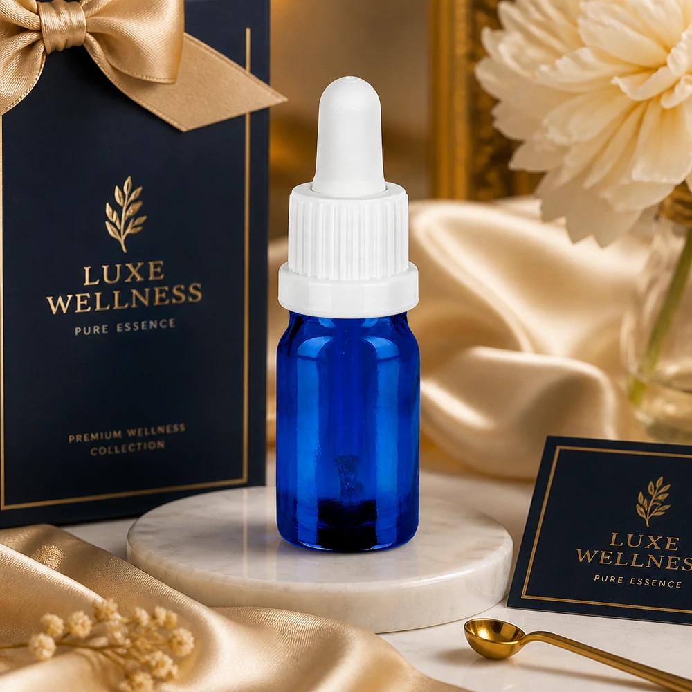 Butelka do leków płynnych 5 ml pipetowa biała OV BlueLine UT18/5 Wysokiej jakości butelka z pipetą o pojemności 5 ml wykonana z niebieskiego szkła chroniącego przed promieniowaniem UV z białą nasadką na pipetę do serum