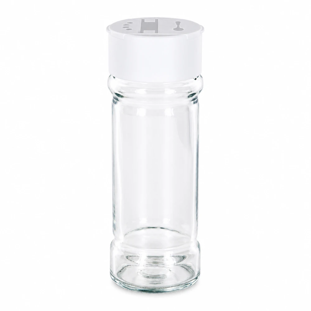 Słoik na sól/przyprawy 100 ml z podwójną dozownicą, biały Pusty słoik na przyprawy o pojemności 100 ml, wykonany z przezroczystego szkła, z białą pokrywką z podwójnym dozownikiem