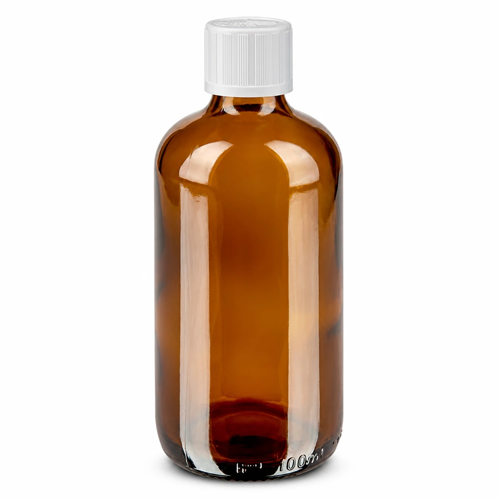 100 ml brązowa butelka apteczna ze szkła brązowego z białym zamknięciem zabezpieczającym przed dziećmi