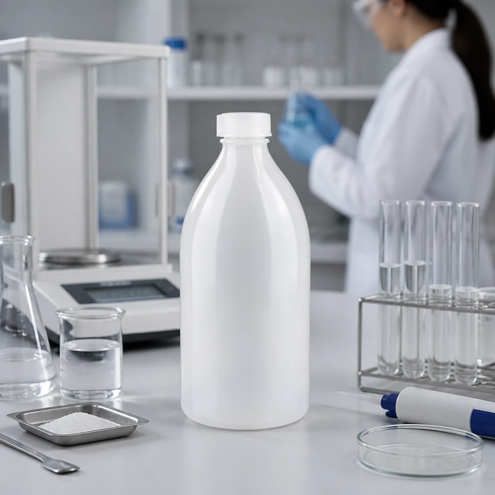 Butelka zakręcana 500 ml, butelka laboratoryjna z wąską szyjką Laboraufbau mit 500ml Enghals Schraubflasche Metallschale Pulver und Pipette