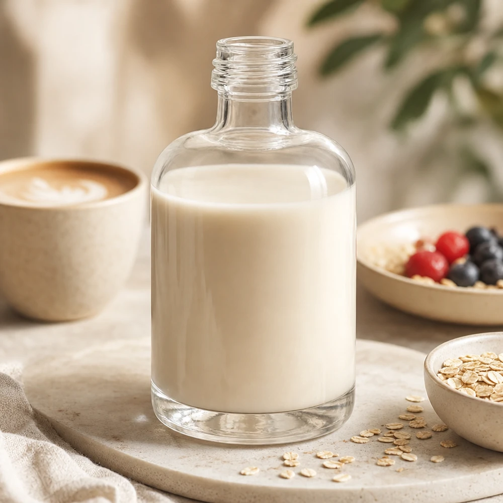 40ml Glasflasche Sara mit cremiger Hafermilch befüllt in natürlicher Küchenszene mit Müsli und Kaffee ohne Verschluss