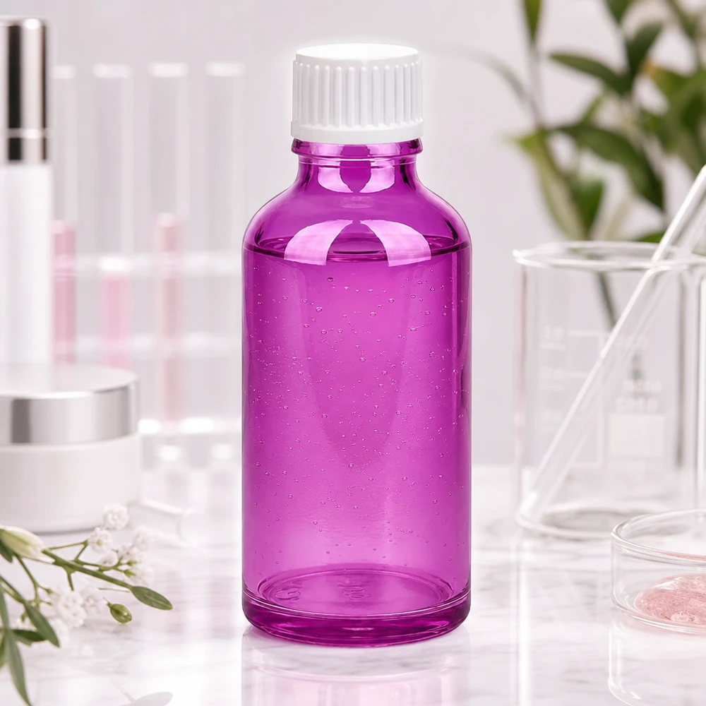 Butelka z zakraplaczem 50ml 0,9mm biała standard PurpleLine. UT18/50 50 ml butelka z zakraplaczem w kolorze przezroczystego fioletu z białą zakrętką do kosmetyków i aromaterapii