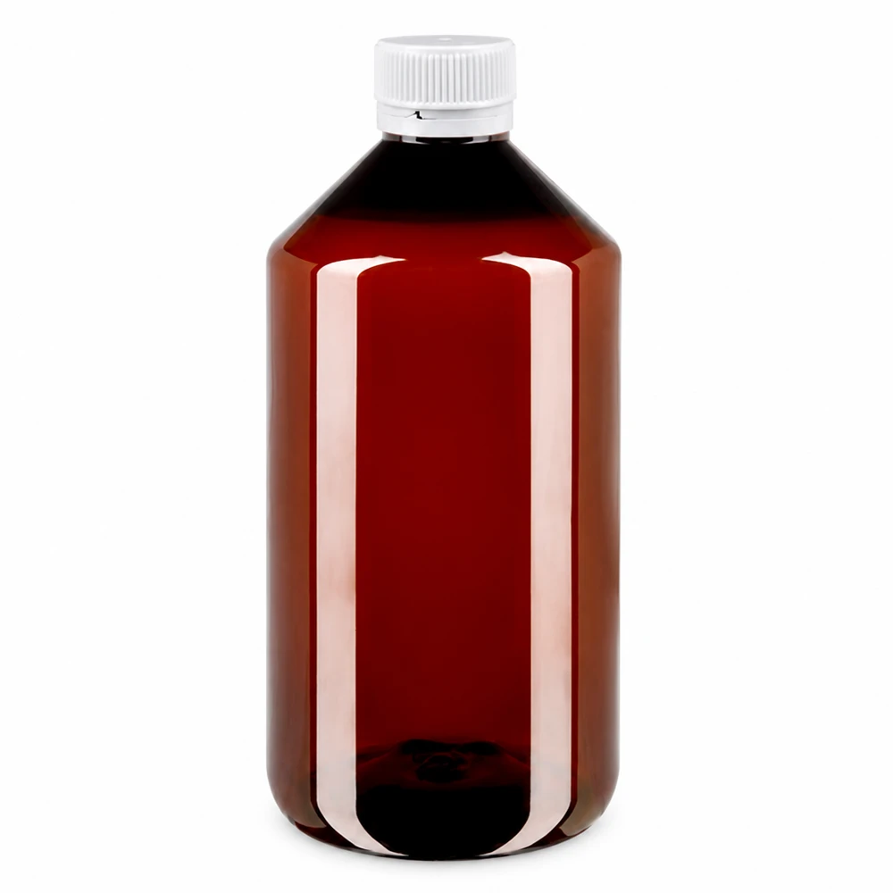 Butelka PET o pojemności 750 ml, w kolorze bursztynowym, z białą, żłobkowaną oryginalną nakrętką, przeznaczona do produktów farmaceutycznych