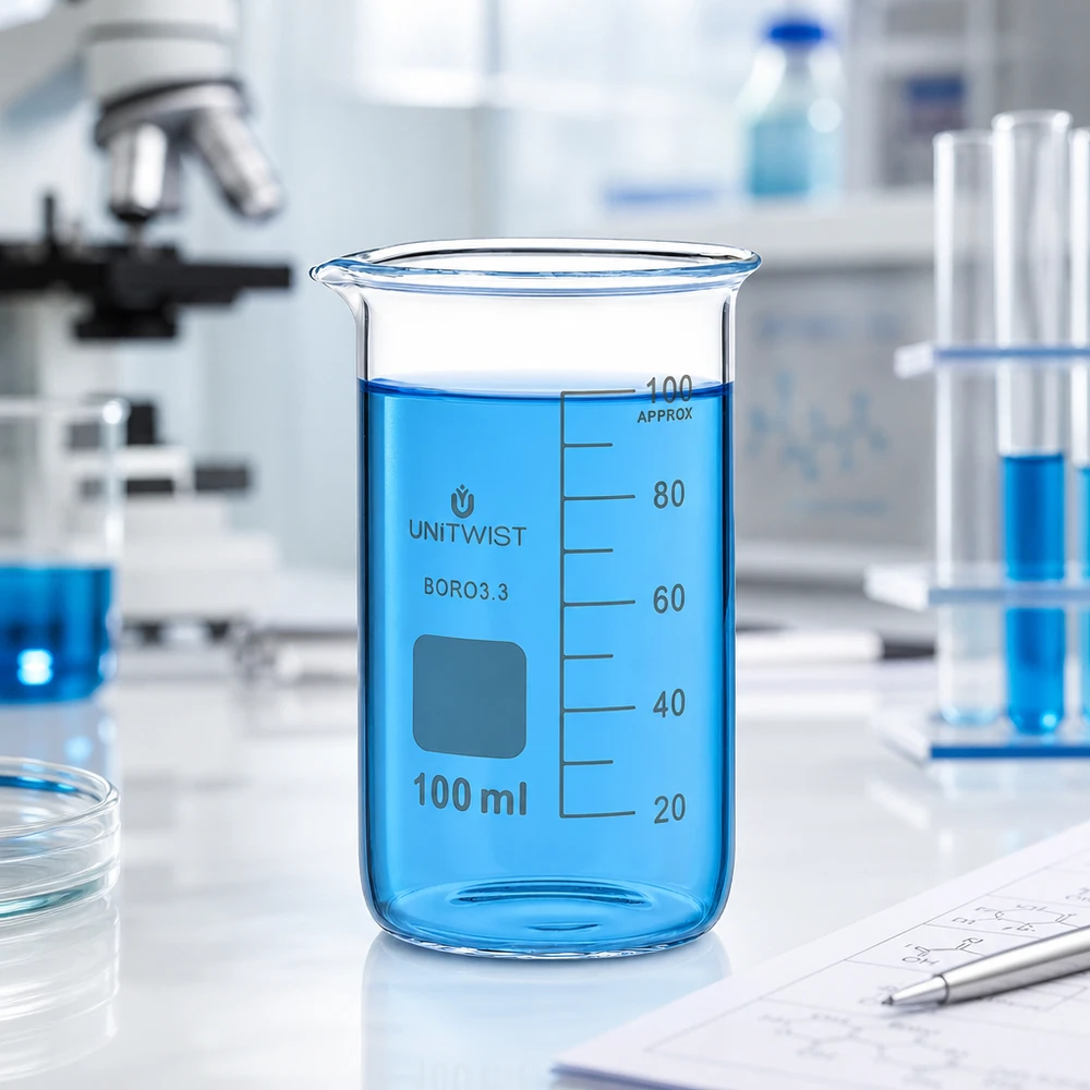 Szklana zlewka laboratoryjna UNITWIST o pojemności 100 ml, wysoka, z borokrzemianu, z niebieską cieczą w laboratorium
