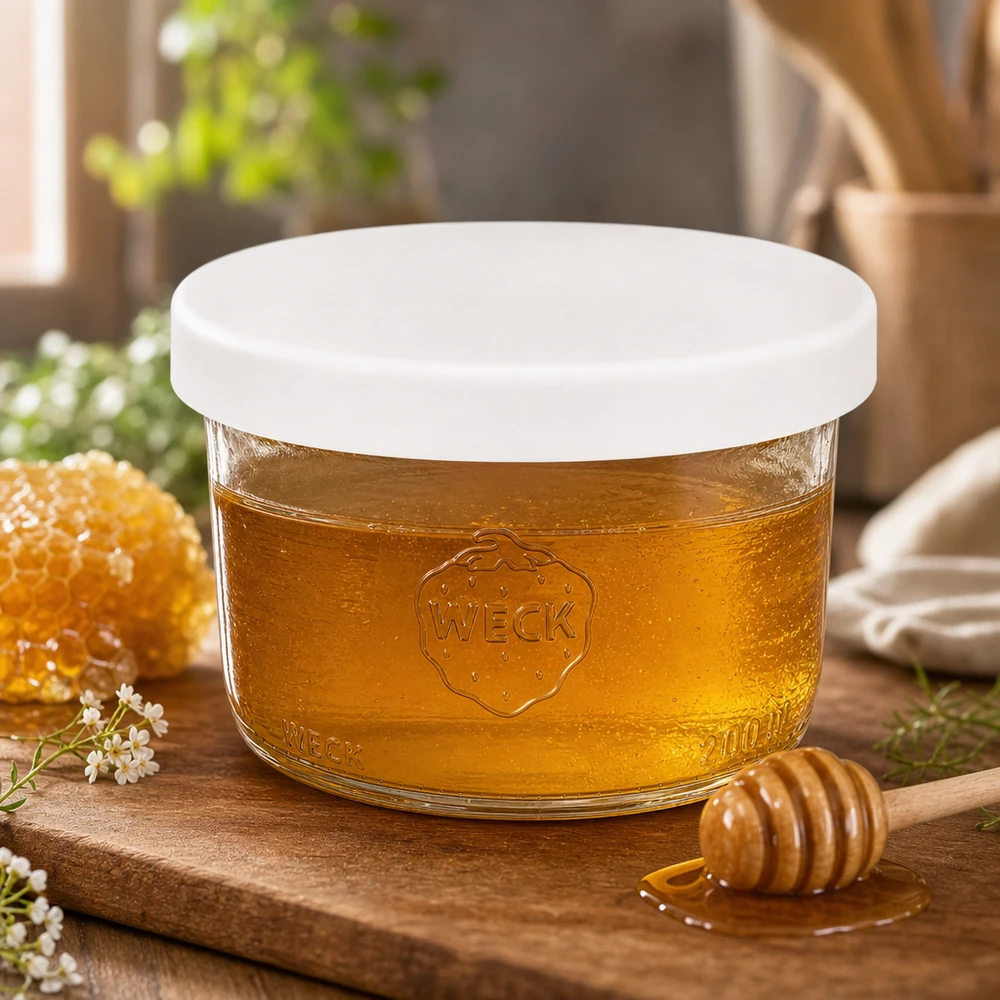 WECK tumblers 200ml RR80 wypełniony miodem biała silikonowa pokrywka słoik na miód na drewnianej desce z łyżeczką do miodu
