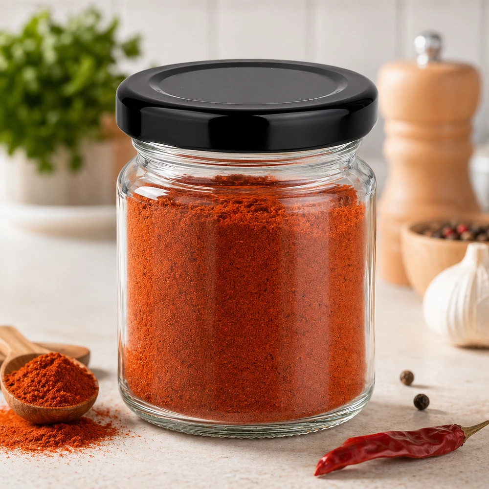 Szklanka okrągła 53 ml z pokrywką BasicSeal czarna UN.. Okrągły słoik o pojemności 53 ml z czarną pokrywką wypełniony czerwoną papryką w proszku do przechowywania przypraw w nowoczesnej kuchni