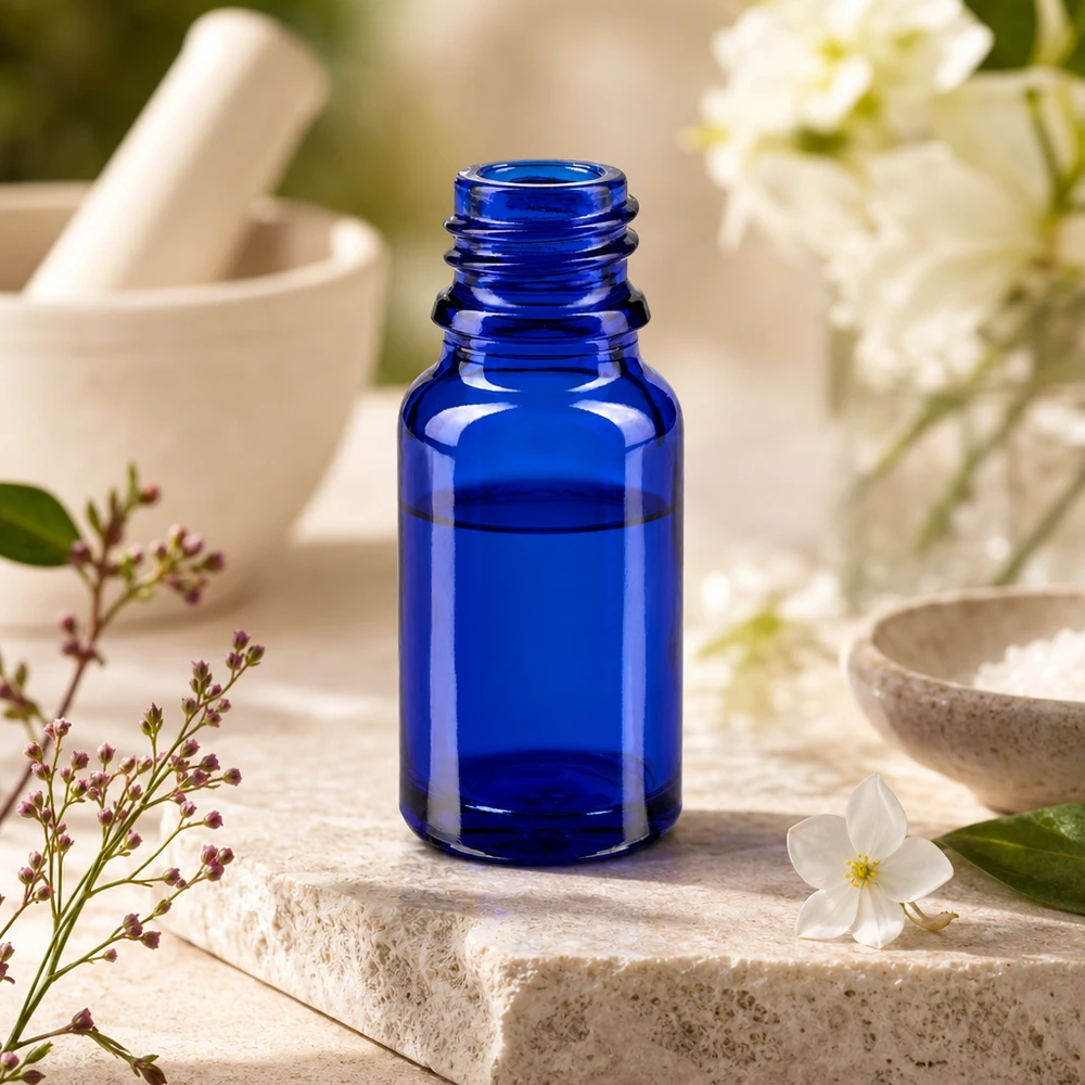 Butelka z zakraplaczem 10 ml DIN 18 NIEBIESKIE SZKŁO Wysokiej jakości butelka ApoGlas o pojemności 10 ml w eleganckim kolorze kobaltowego błękitu do profesjonalnych zastosowań farmaceutycznych
