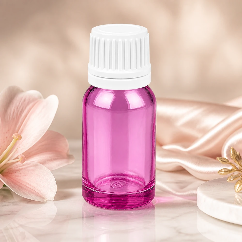 Kompaktowa szklana butelka 10 ml w eleganckim fioletowym kolorze z białą nakrętką dla urody i dobrego samopoczucia