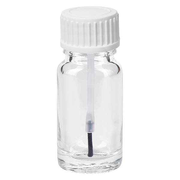 Butelka z pędzelkiem 10 ml biała STD ClearLine UT18/10 Butelka z pędzelkiem o pojemności 10 ml, wykonana z przezroczystego szkła, z białym zakrętką i wbudowanym aplikatorem w postaci pędzelka ClearLine