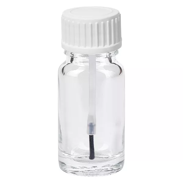 Butelka z pędzelkiem 10 ml biała STD ClearLine UT18/10 Butelka z pędzelkiem o pojemności 10 ml, wykonana z przezroczystego szkła, z białym zakrętką i wbudowanym aplikatorem w postaci pędzelka ClearLine