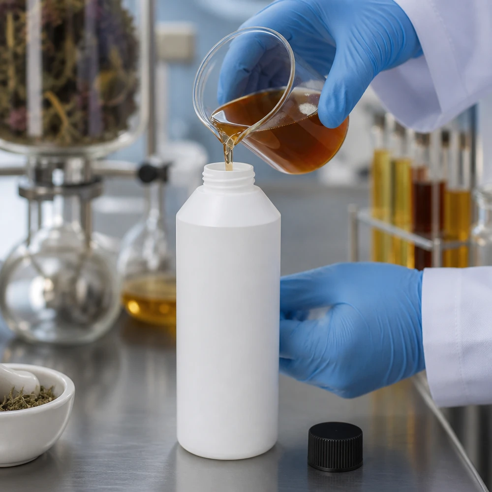 Butelka apteczna HDPE 250 ml biała, z czarnym SV Technik laboratoryjny napełnia białą butelkę apteczną z HDPE o pojemności 250 ml z zakrętką brązowym płynem