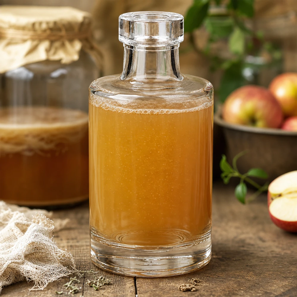 100 ml szklana butelka Marie wypełniona sokiem jabłkowym obok świeżych jabłek i rustykalnego drewnianego kosza w naturalnej scenerii kuchennej