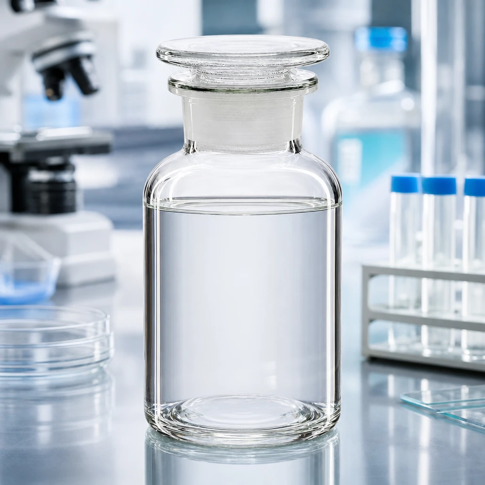 Okrągła butelka na ramię 250 ml, przezroczysta, szklana zatyczka z szeroką szyjką Butelka o zaokrąglonych ramionach, 250 ml, z szeroką szyjką, z przezroczystego szkła, z szklanym korkiem, na stole laboratoryjnym