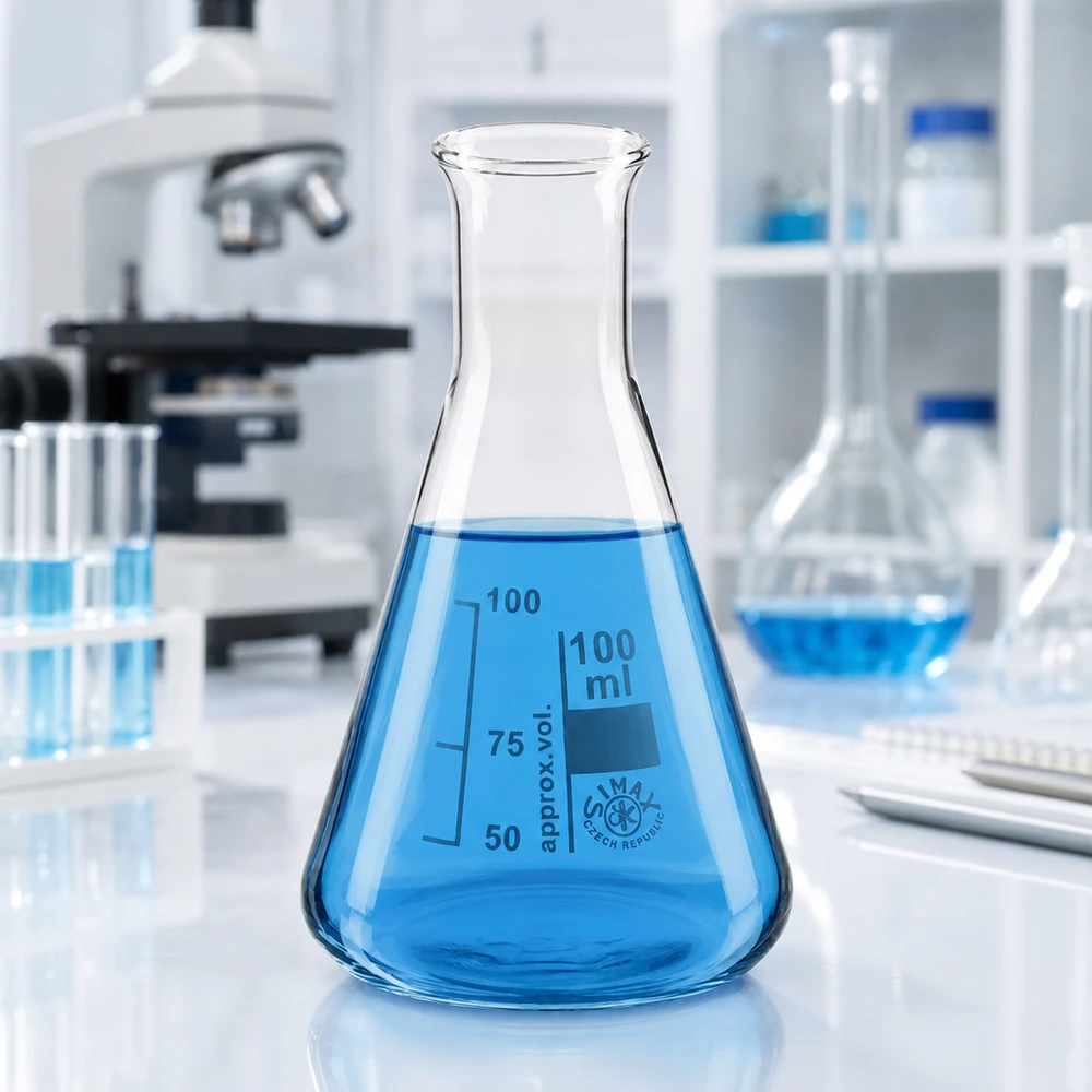Kolba stożkowa Erlenmeyera 100 ml z wąską szyjką z niebieskim płynem w sterylnym środowisku laboratoryjnym
