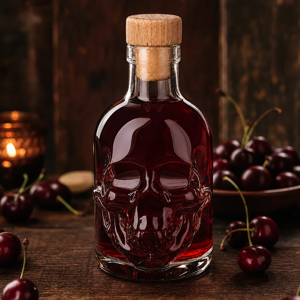 Szklana butelka 200 ml Jack z drewnianym korkiem UNiTWIST® Szklana butelka Jack o pojemności 200 ml z czaszką, czerwonym wiśniowym płynem i drewnianym korkiem, otoczona świeżymi wiśniami.