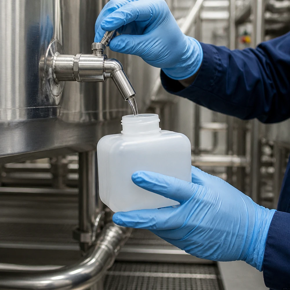 Technik napełnia butelkę na chemikalia z PE-HD o pojemności 250 ml i wąskiej szyjce, korzystając ze zbiornika przemysłowego i mając na rękach rękawice ochronne