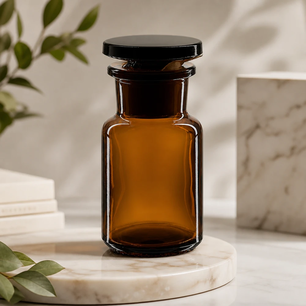 Klasyczna butelka z zaokrąglonymi ramionami, 50 ml, brązowa, z szeroką szyjką i szklanym korkiem, na marmurowym cokole