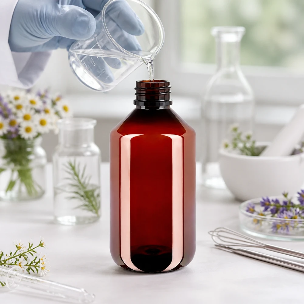 Brązowa butelka PET o pojemności 500 ml z opakowaniem zewnętrznym podczas napełniania w nowoczesnym laboratorium