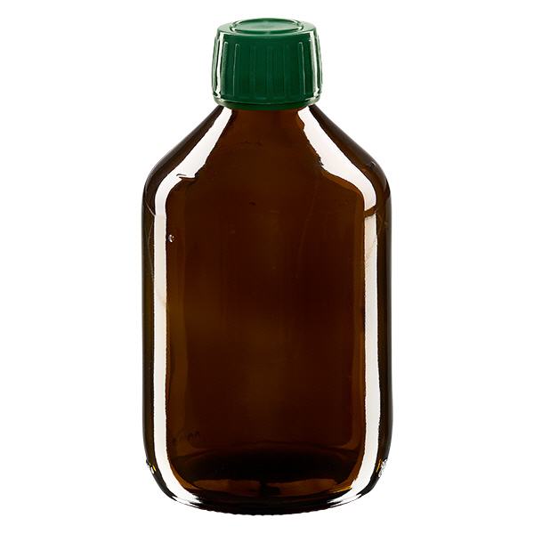 Butelka na lek 300 ml br&#261;zowa, zakr&#281;tka zielona z pier&#347;cieniem ApoGlas. Farmaceutyczna jako&#347;&#263; produkcji UE. Gwint 28 mm (PP28). (syrop, butelka z lekkiego szk&#322;a)