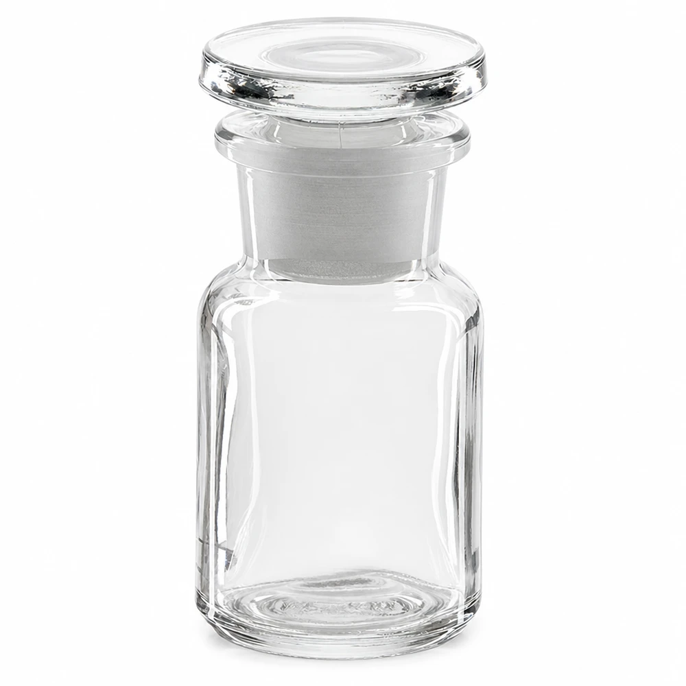 Okrągła butelka na ramię 50 ml z przezroczystym szklanym korkiem z szeroką szyjką Przezroczysta butelka o zaokrąglonych ramionach, pojemność 50 ml, z szklanym korkiem i szeroką szyjką, przeznaczona do laboratoriów i aptek