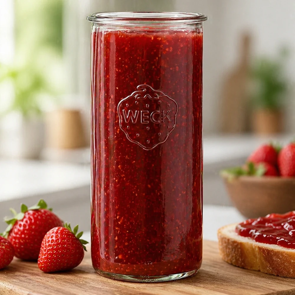 1500 ml słoik WECK RR100 wypełniony dżemem z czerwonych truskawek obok świeżych truskawek i chleba na drewnianym stole