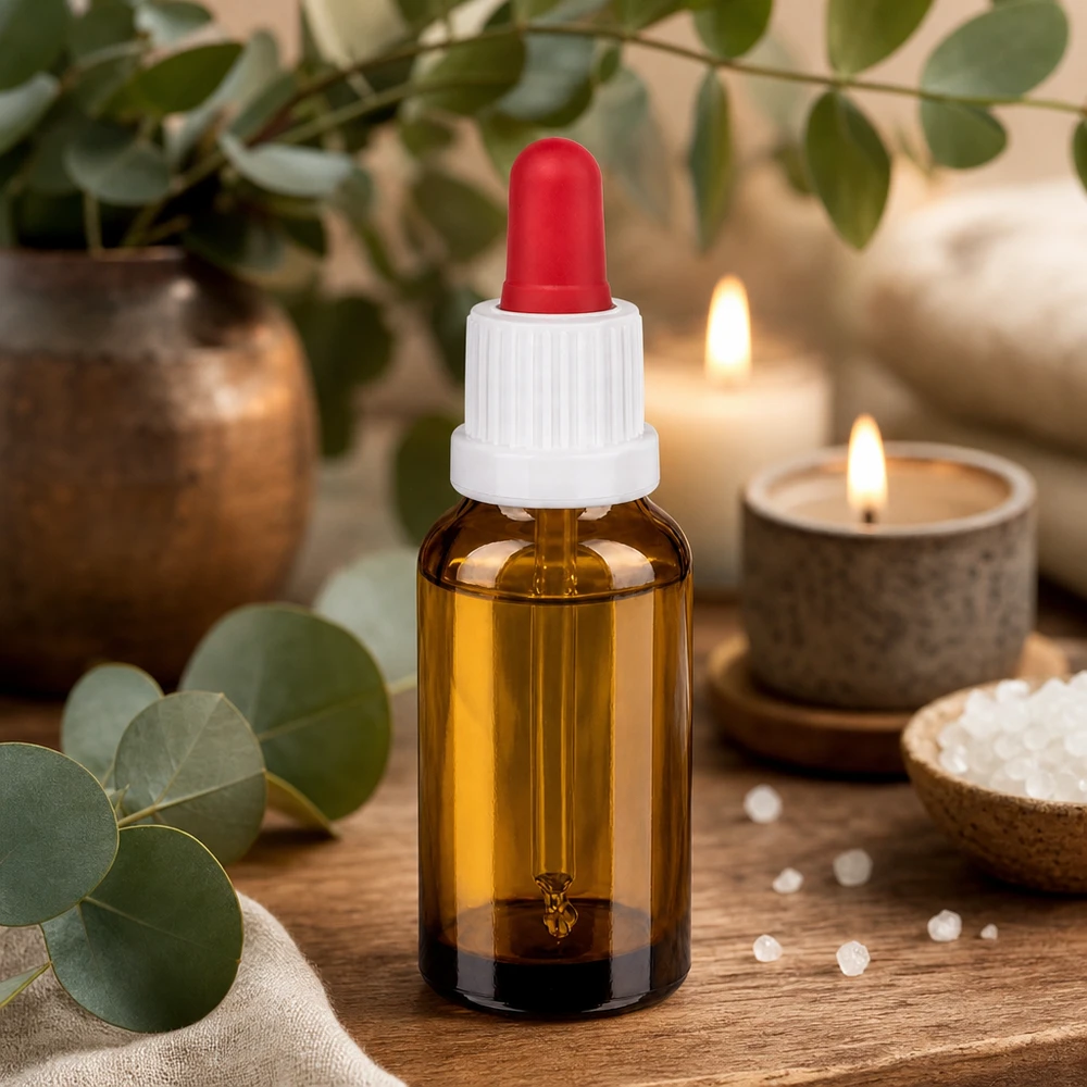 Butelka do leków płynnych 20 ml, biała/czerwona OV BrownLine UT18/20 Mała buteleczka z bursztynowego szkła o pojemności 20 ml z czerwoną pipetą, idealna do olejków eterycznych i serum.